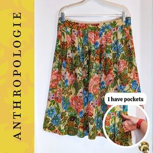 Anthropologie 100% Silk Printed Floral Midi Skirt Sz Large